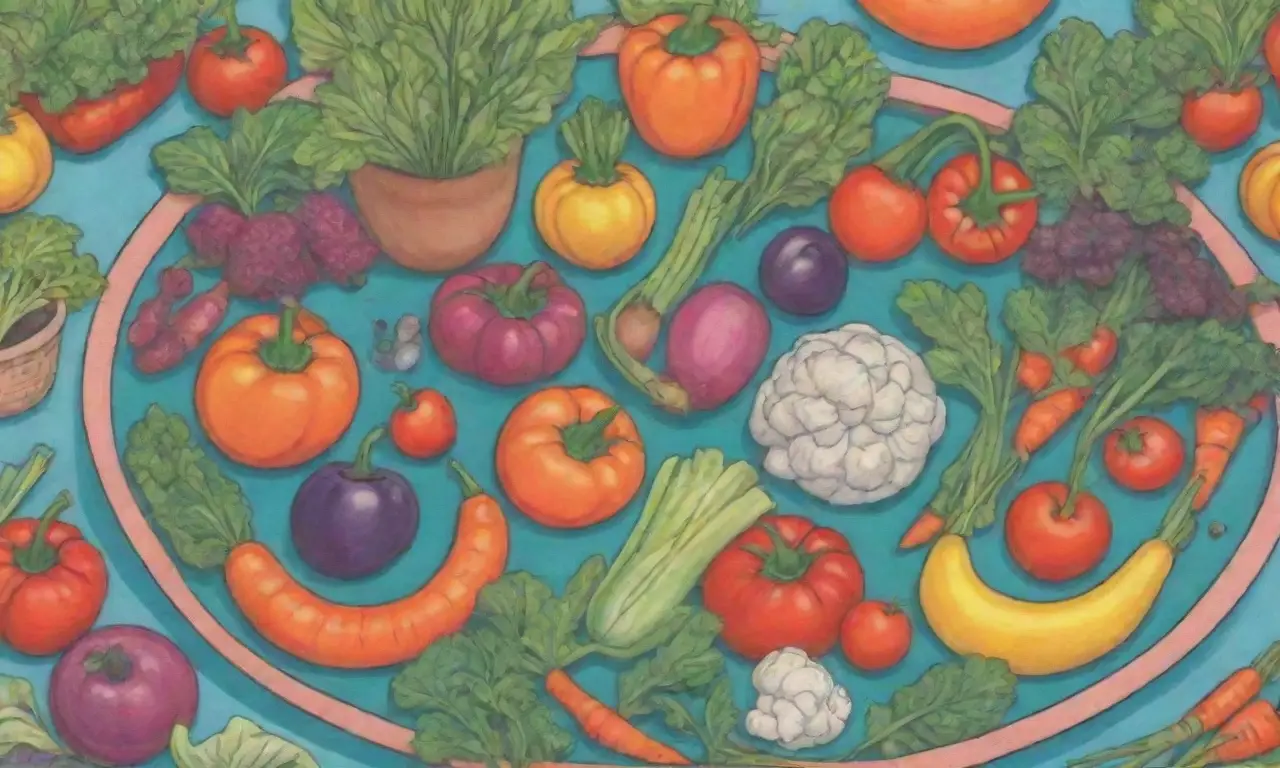 Ilustración de un jardín con colores vibrantes y vegetales frescos en un diseño circular