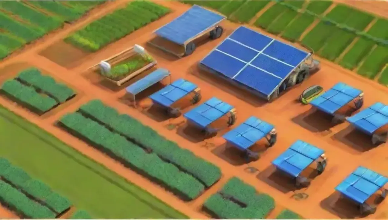 Un paisaje agrícola futurista con tecnología avanzada y naturaleza en armonía