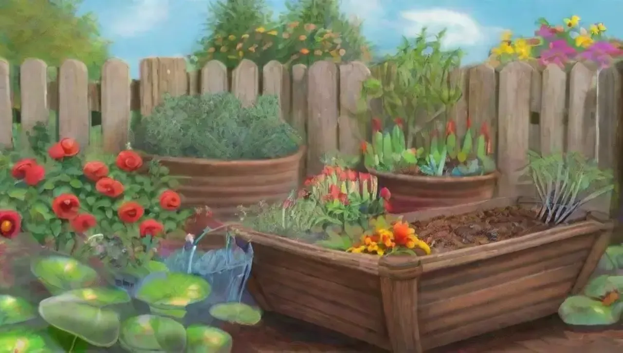Un jardín vibrante y sostenible lleno de compost, plantas y vida