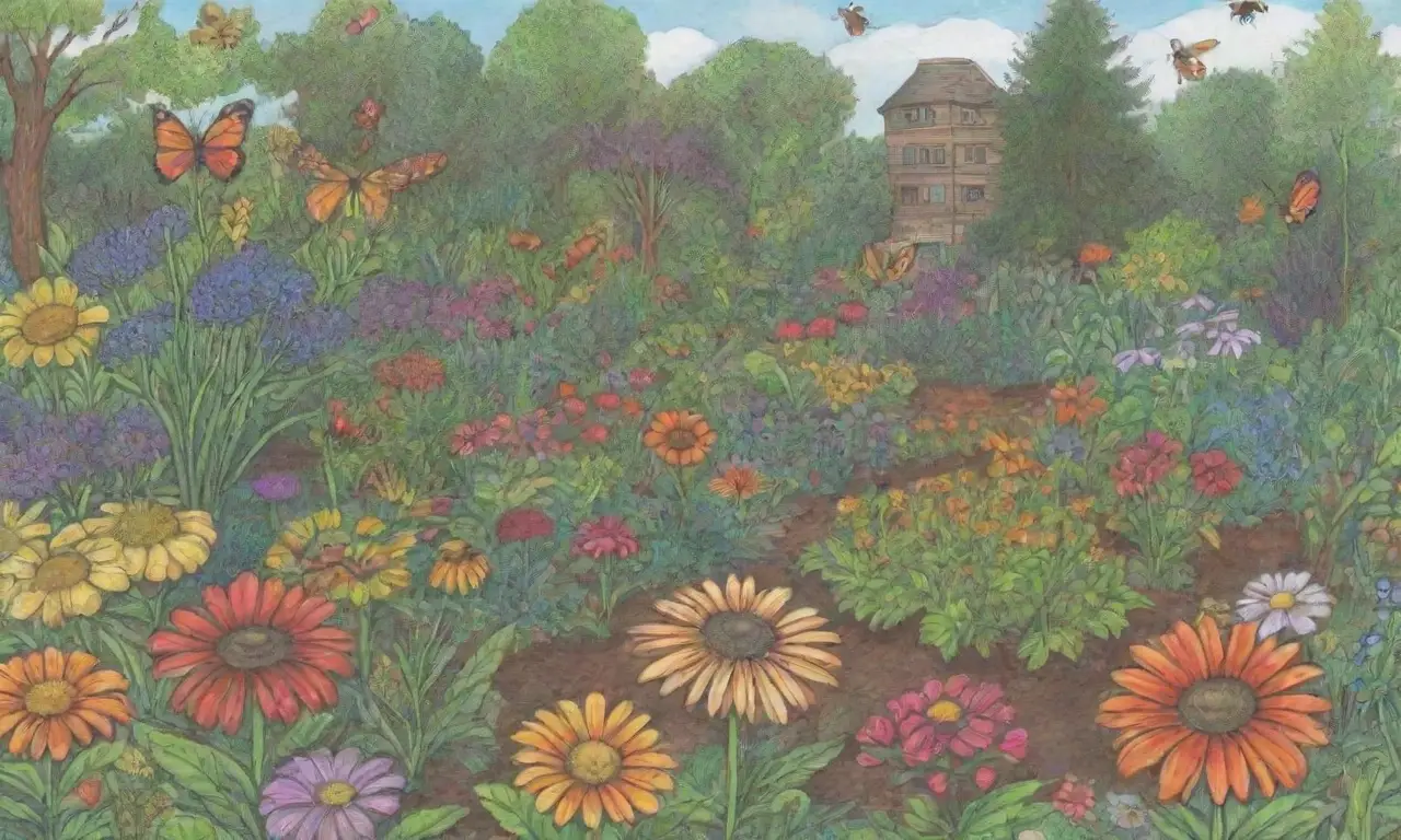 Jardín vibrante con flores coloridas, insectos y ecosistema saludable