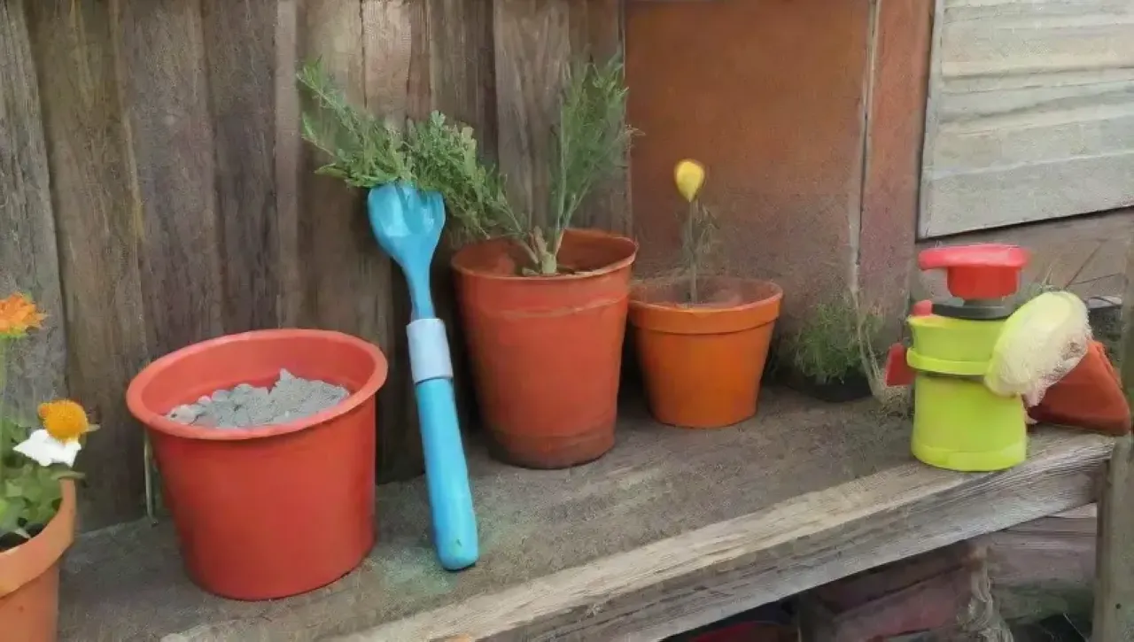 Un jardín vibrante y cuidado con herramientas organizadas y flores en plena floración