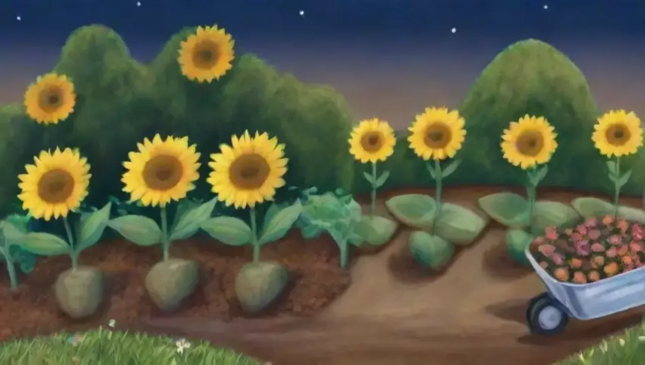 Un jardín sereno bajo la luna, con plantas, flores, un jardinero sembrando y la naturaleza en armonía
