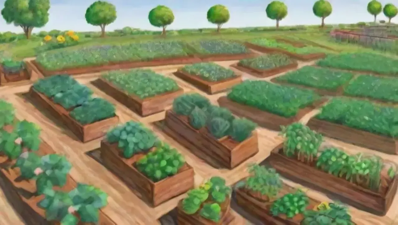 Un paisaje agrícola vibrante con campos verdes, cultivos en crecimiento y un atardecer dorado