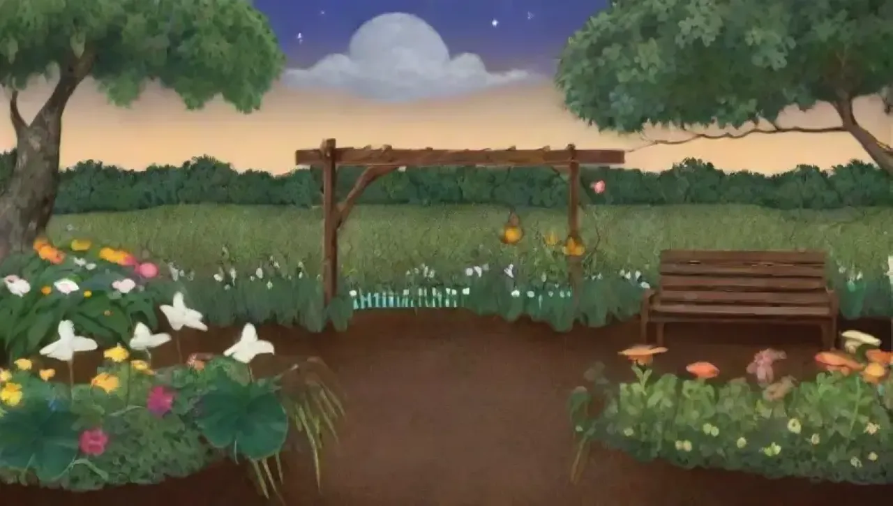 Un jardín sereno al anochecer, iluminado por la luna, lleno de vida y aromas naturales