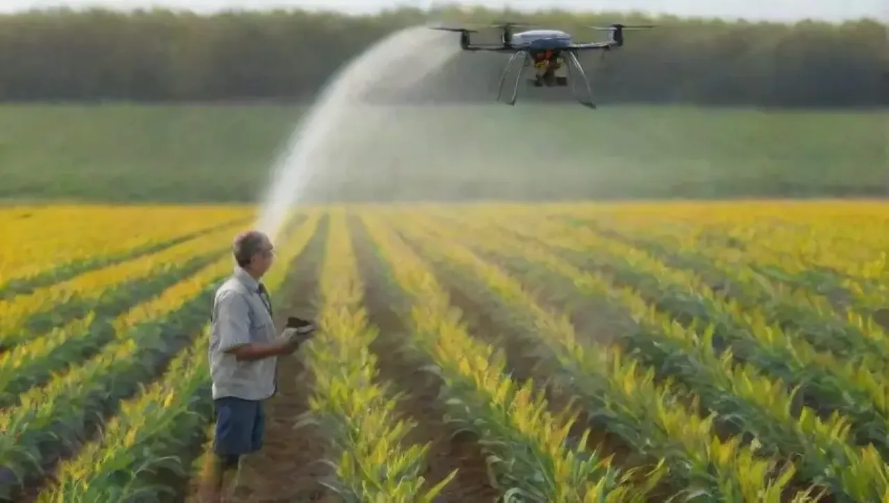 Un campo vibrante con cultivos verdes, un dron sobrevolando y un agricultor usando tecnología para la agricultura de precisión