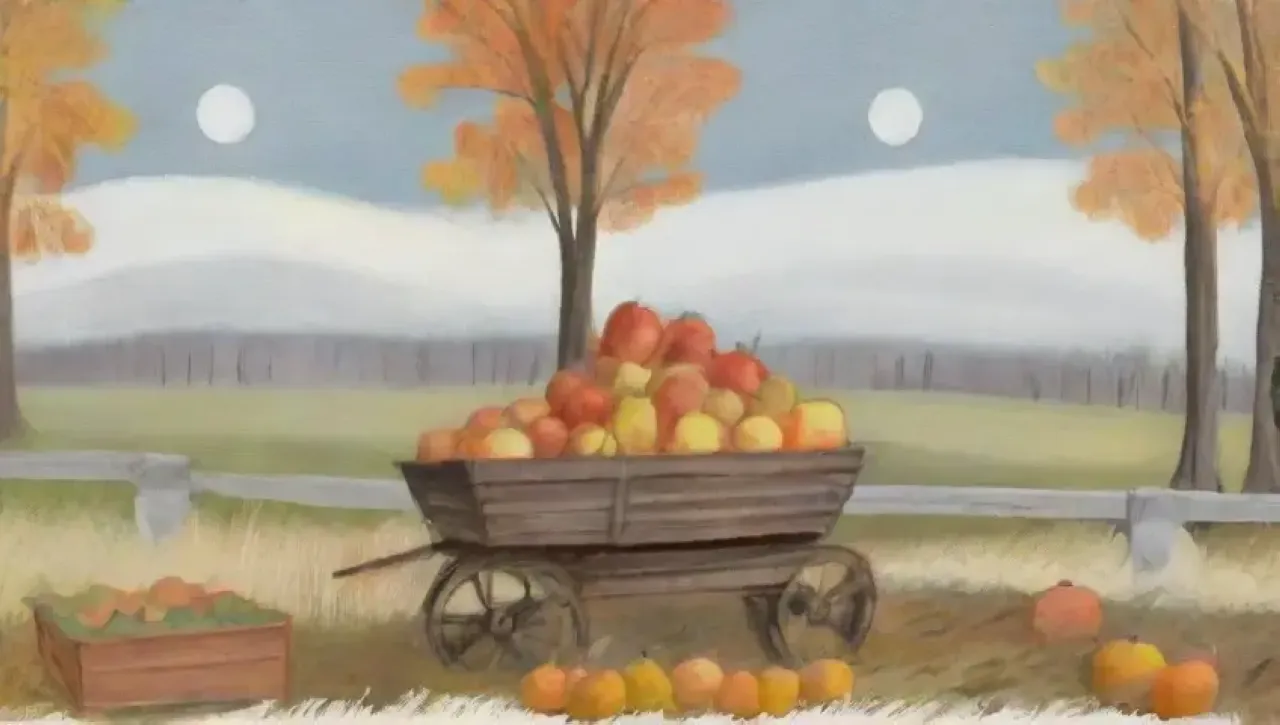 Un paisaje otoñal con nubes grises, hojas doradas, manzanas, calabazas, un granjero y la promesa de una abundante cosecha