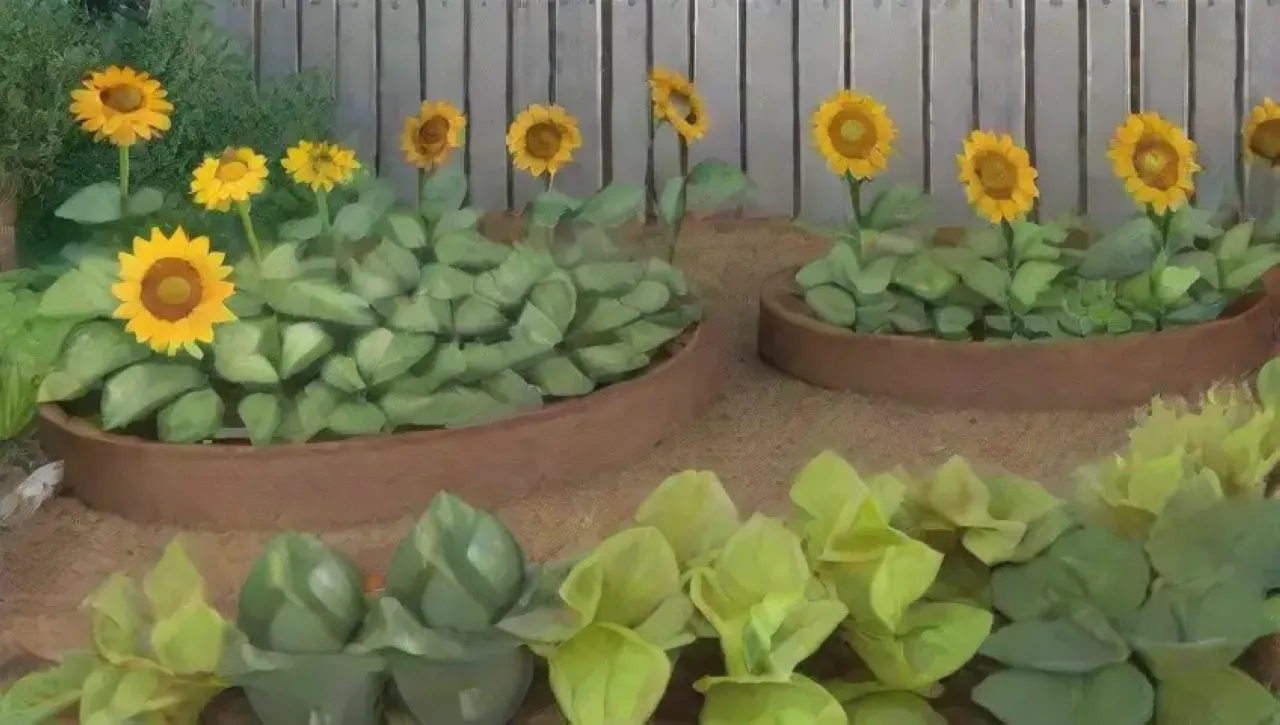 Un jardín vibrante y soleado con vegetales, flores, y vida