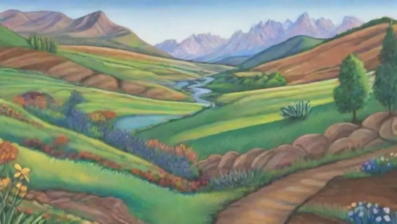 Un paisaje natural diverso y vibrante con colinas verdes, ríos, flores, árboles y vida silvestre