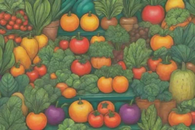 Frutas brillantes y verduras vibrantes en un jardín tropical