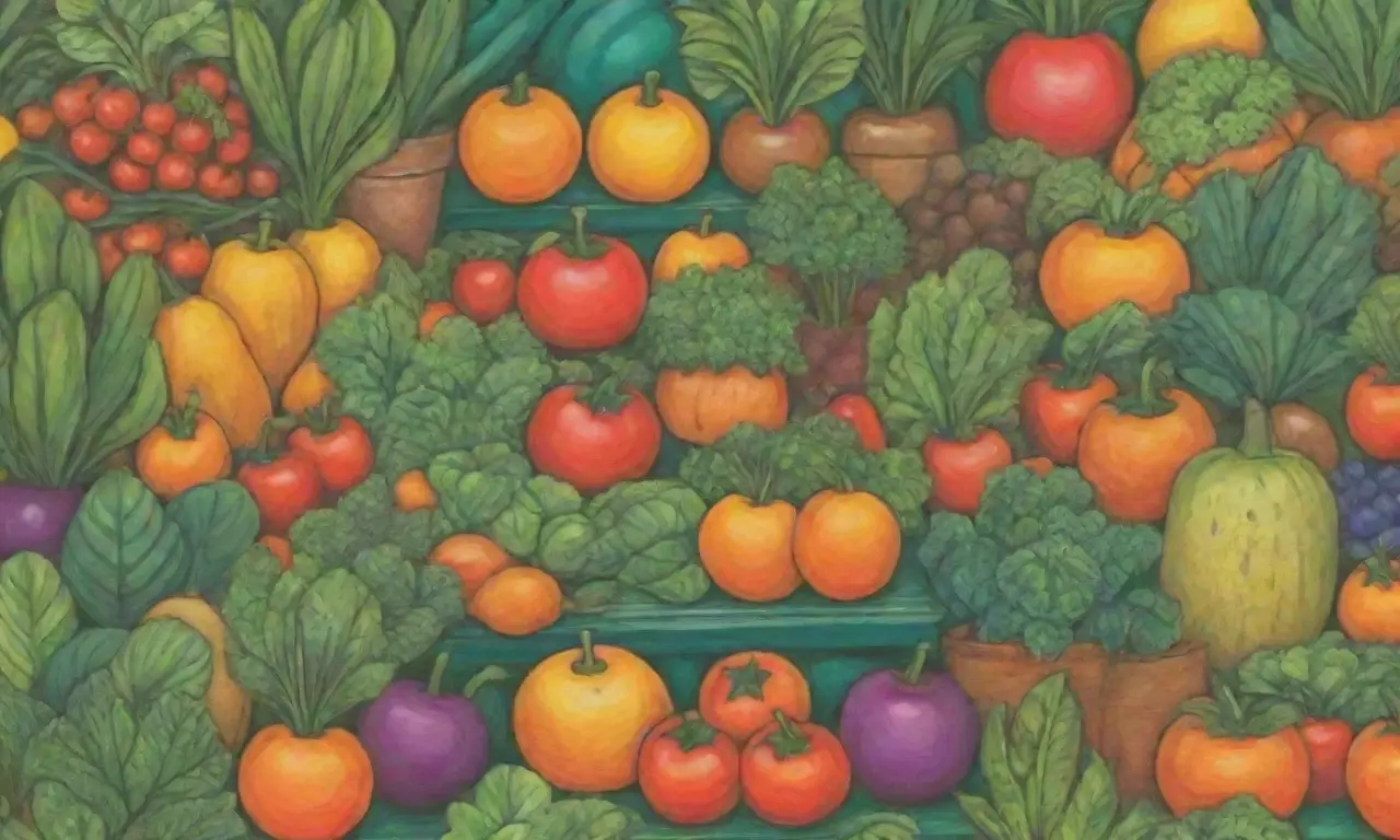 Frutas brillantes y verduras vibrantes en un jardín tropical