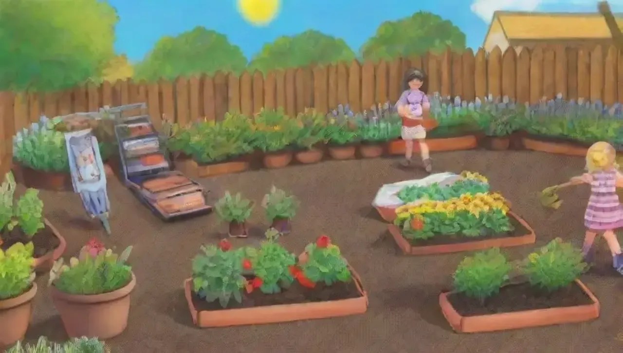 Un vibrante jardín comunitario lleno de risas, plantas y familia