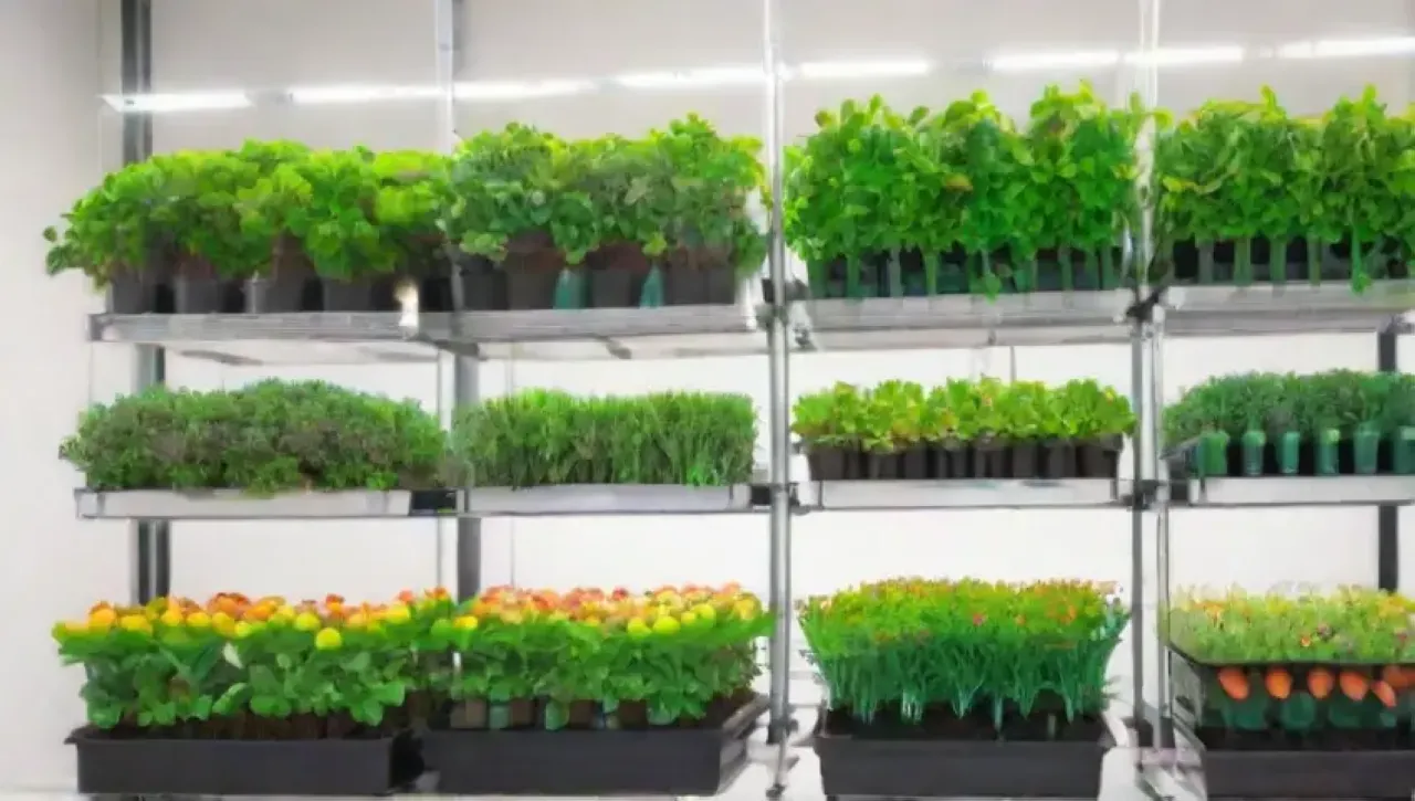 Un espacio moderno de cultivo hidropónico con tecnología avanzada y plantas vibrantes