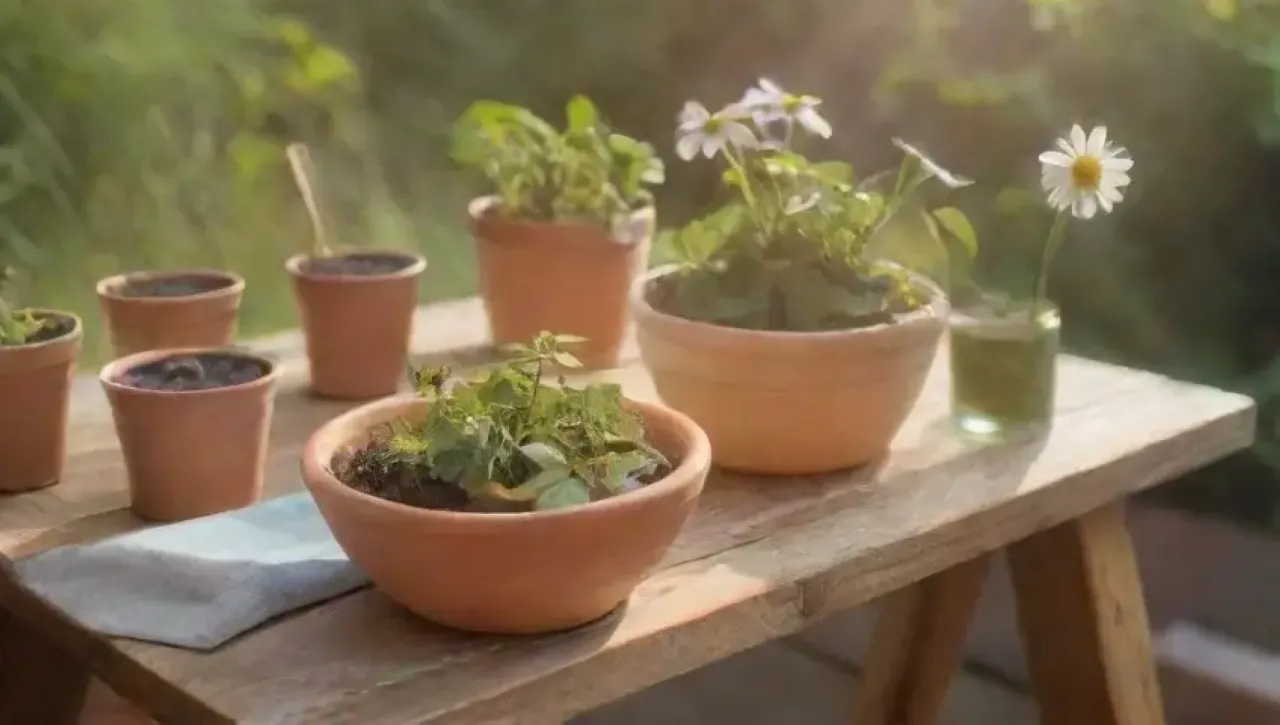 Un jardín vibrante con flores, luz del sol, y herramientas de jardinería, todo en armonía