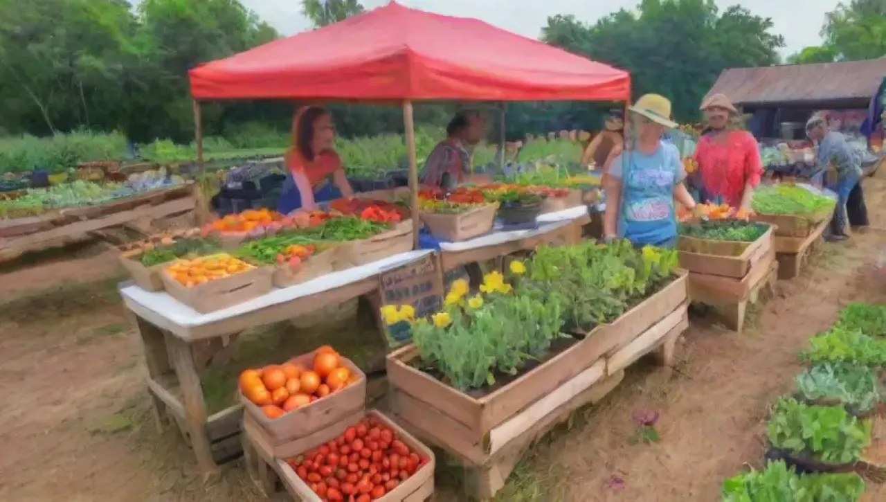 Un bullicioso mercado agrícola lleno de colores, productos frescos y una comunidad unida