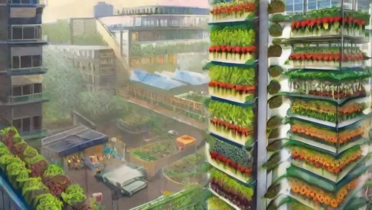 Un vibrante ecosistema urbano con cultivos sostenibles y tecnología moderna