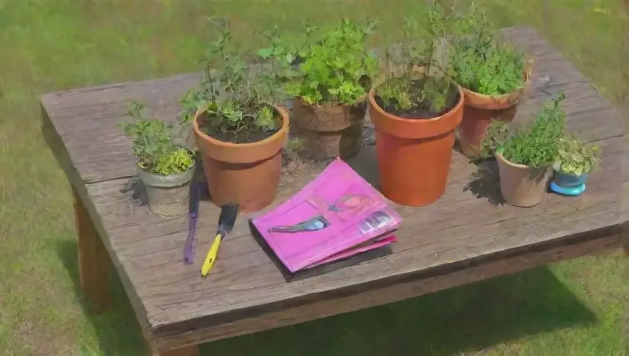 Un jardín vibrante y armonioso lleno de plantas, herramientas y naturaleza