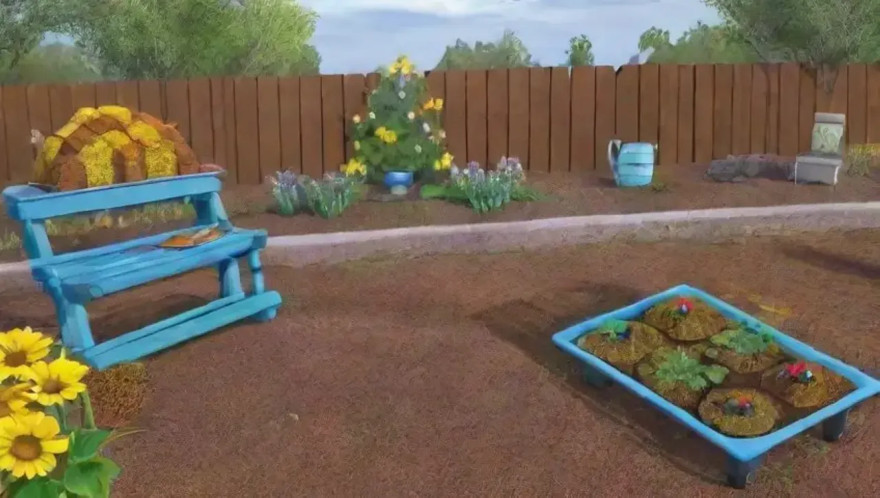 Un jardín vibrante y lleno de vida con flores, plantas, insectos y herramientas