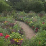 Jardín colorido con plantas diversas y huerta orgánica equilibrada