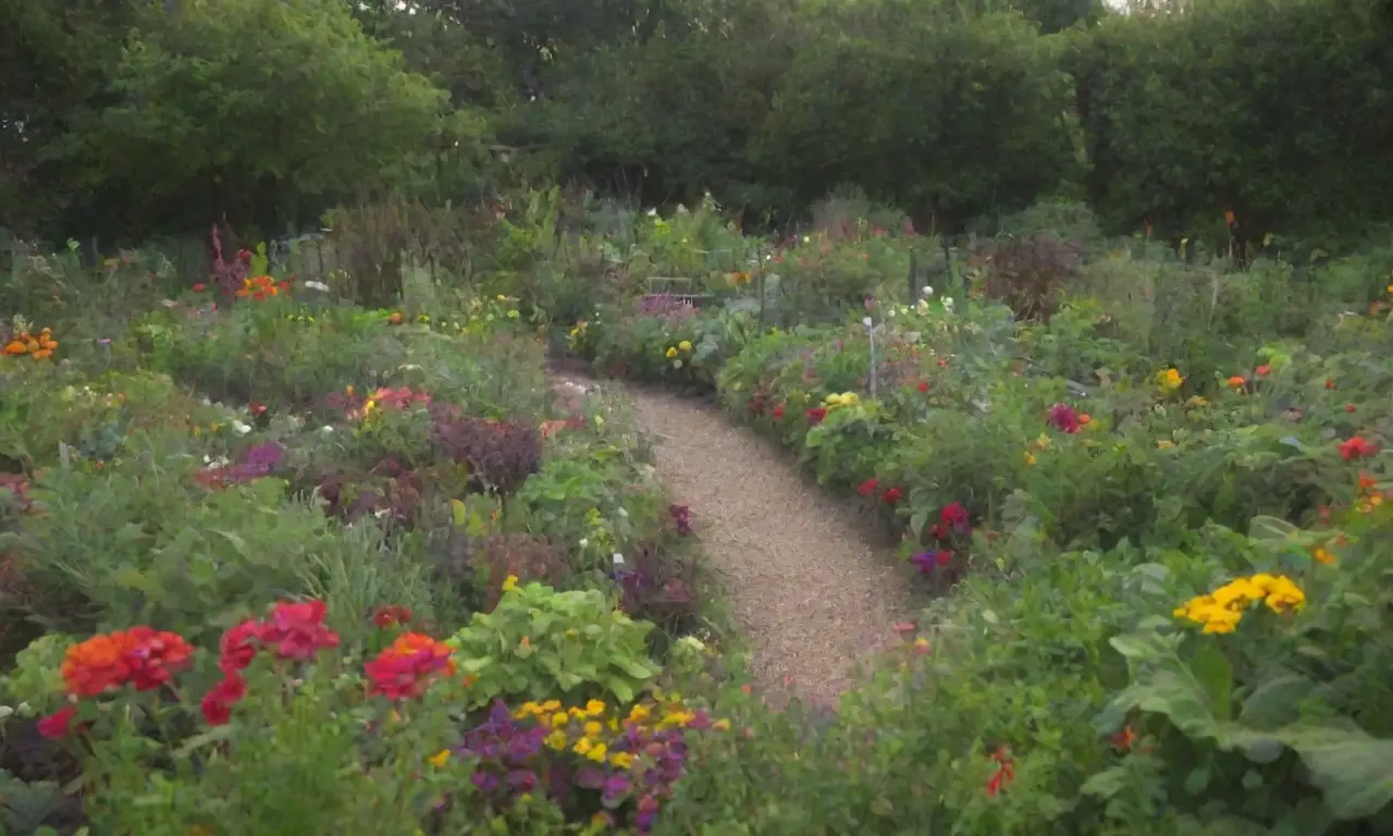 Jardín colorido con plantas diversas y huerta orgánica equilibrada