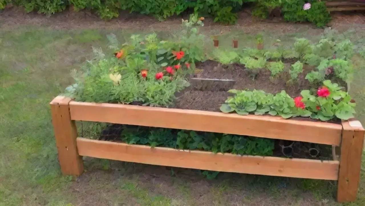 Un jardín vibrante y lleno de vida con plantas, flores, herramientas y un camino sereno