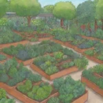 Jardín verde y vibrante con comunidad diversa y reuniones amigables