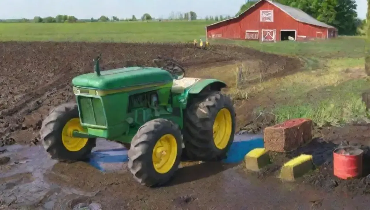 Un tractor verde brillante está estacionado bajo un cielo azul, rodeado de herramientas y un ambiente de trabajo agrícola