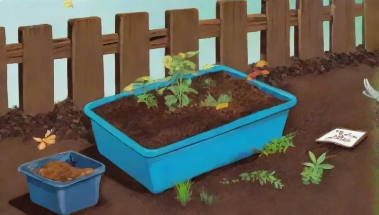 Un compost vibrante y lleno de vida en un jardín soleado