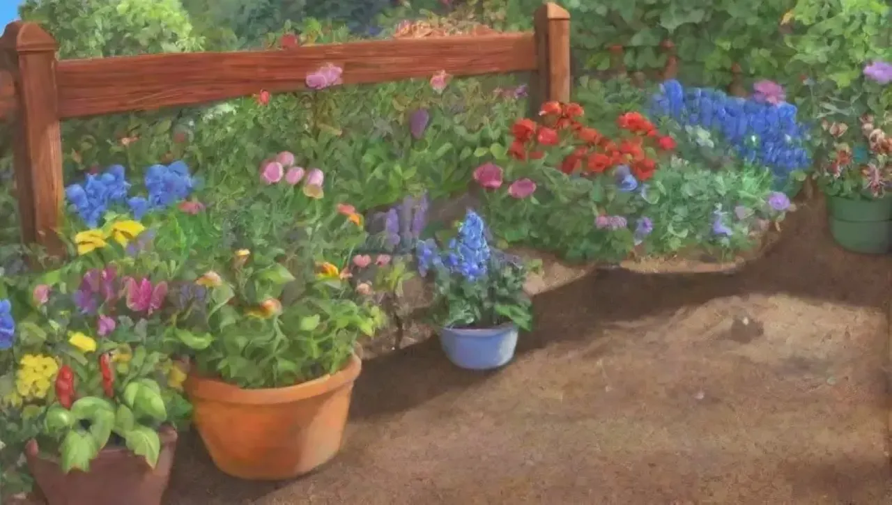 Un jardín vibrante con plantas, flores, herramientas y vida silvestre bajo un cielo azul