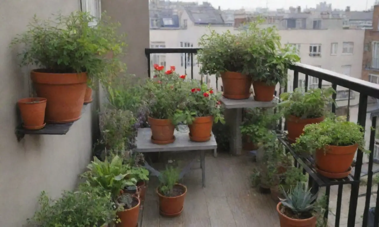 Balcón urbano con plantas vibrantes y huerto creativo