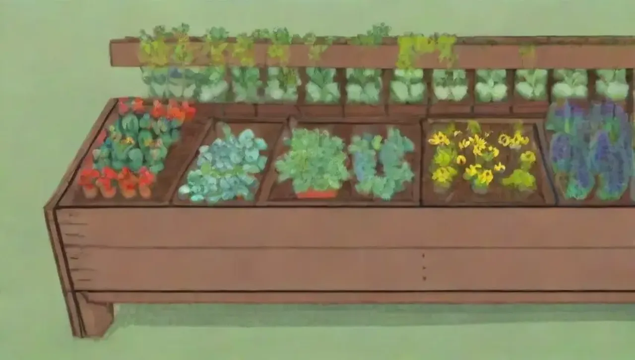 Un jardín vibrante y lleno de vida con plantas, flores y alegría