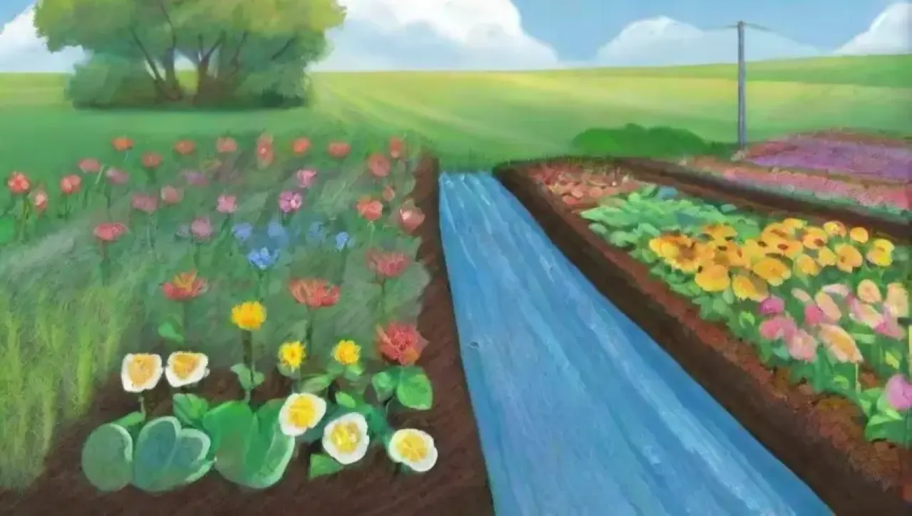 Un jardín vibrante y automatizado con flores, herramientas y naturaleza en armonía