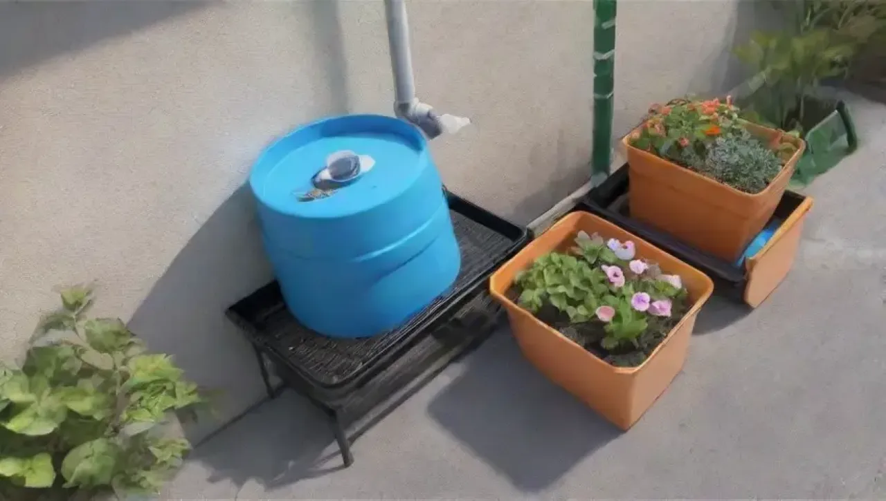 Un tranquilo jardín con un sistema de recolección de agua y flores vibrantes