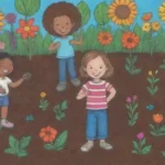 Jardín colorido con niños plantando semillas y disfrutando de la naturaleza