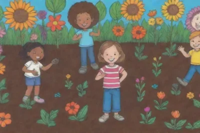 Jardín colorido con niños plantando semillas y disfrutando de la naturaleza