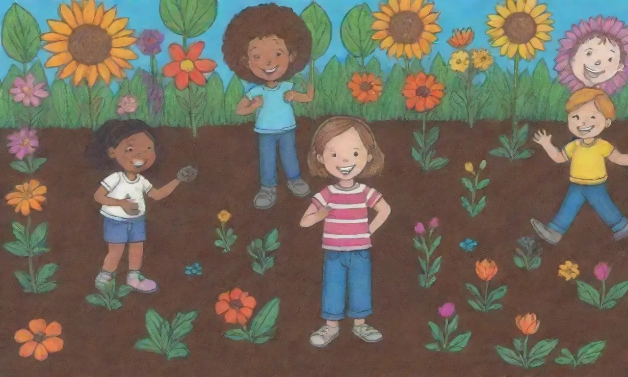 Jardín colorido con niños plantando semillas y disfrutando de la naturaleza