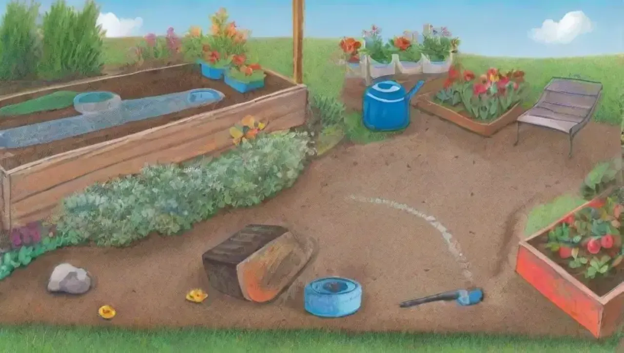 Un jardín vibrante con flores, herramientas, riego y un jardinero trabajando en un ambiente sereno