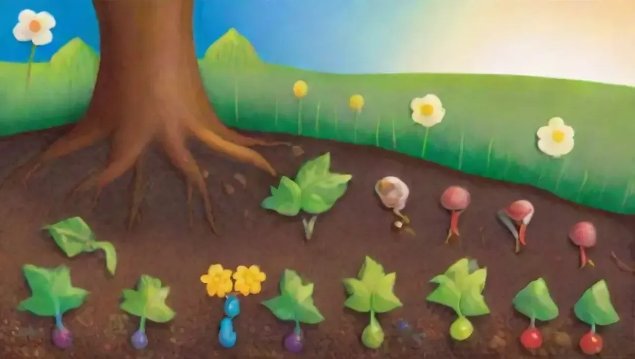Un paisaje natural vibrante con suelo verde, tierra marrón, raíces delicadas, agua brillante y frutas coloridas