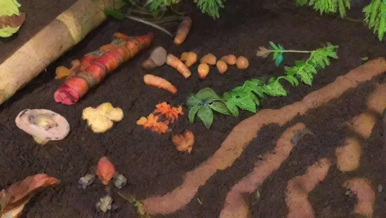 Un ciclo de vida en otoño, con hojas vibrantes, tierra rica y microorganismos en movimiento