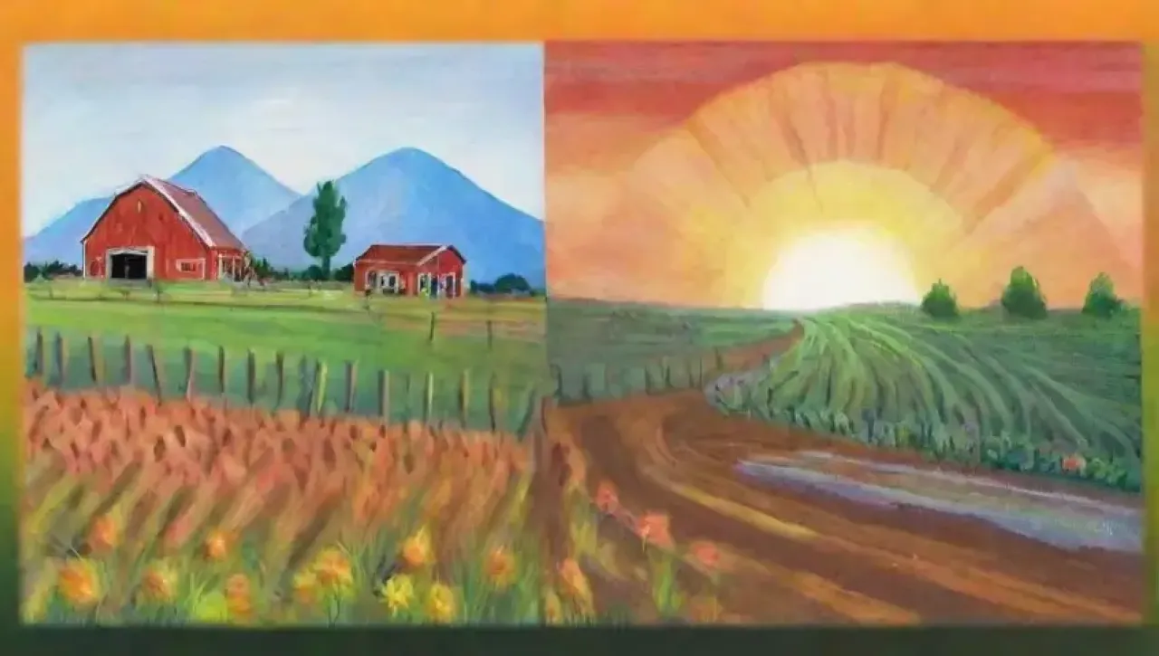 Campos vibrantes bajo el sol, con cultivos marchitos y un paisaje rural lleno de vida