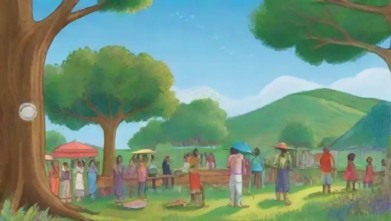Un mural vibrante rodeado de naturaleza, comunidad unida y esperanza por un futuro sostenible