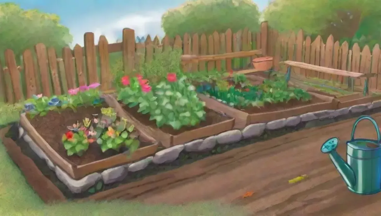 Un jardín vibrante y lleno de vida con flores, verduras y herramientas de jardinería