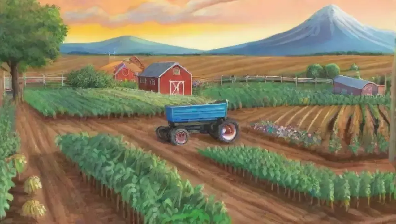 Un paisaje agrícola vibrante y armonioso lleno de vida y comunidad