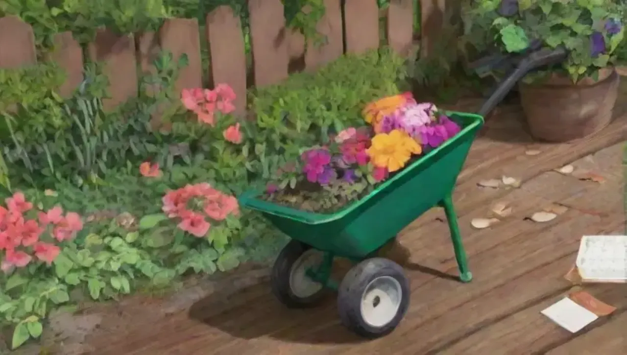 Un jardín vibrante con flores, herramientas y naturaleza en armonía