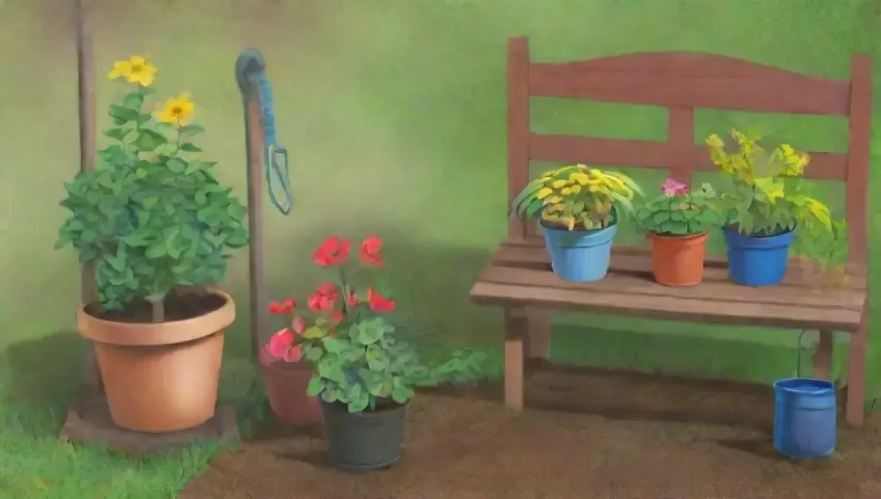 Un jardín vibrante lleno de flores, herramientas y vida