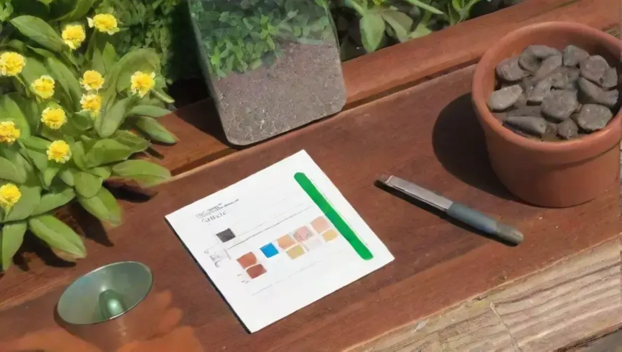 Un jardín vibrante con suelo verde, herramientas y un medidor de pH en un día soleado