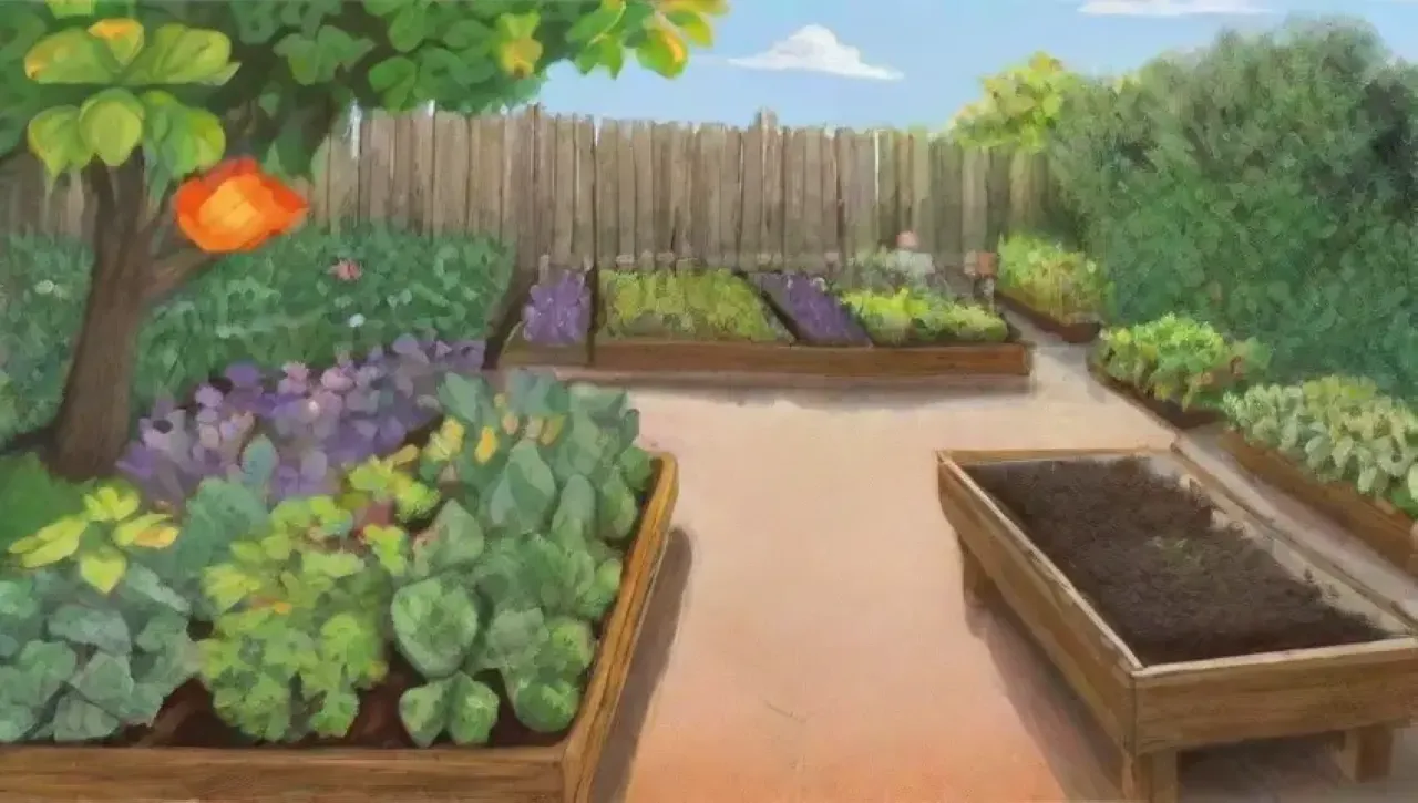 Un jardín vibrante lleno de vegetales, flores, herramientas y vida