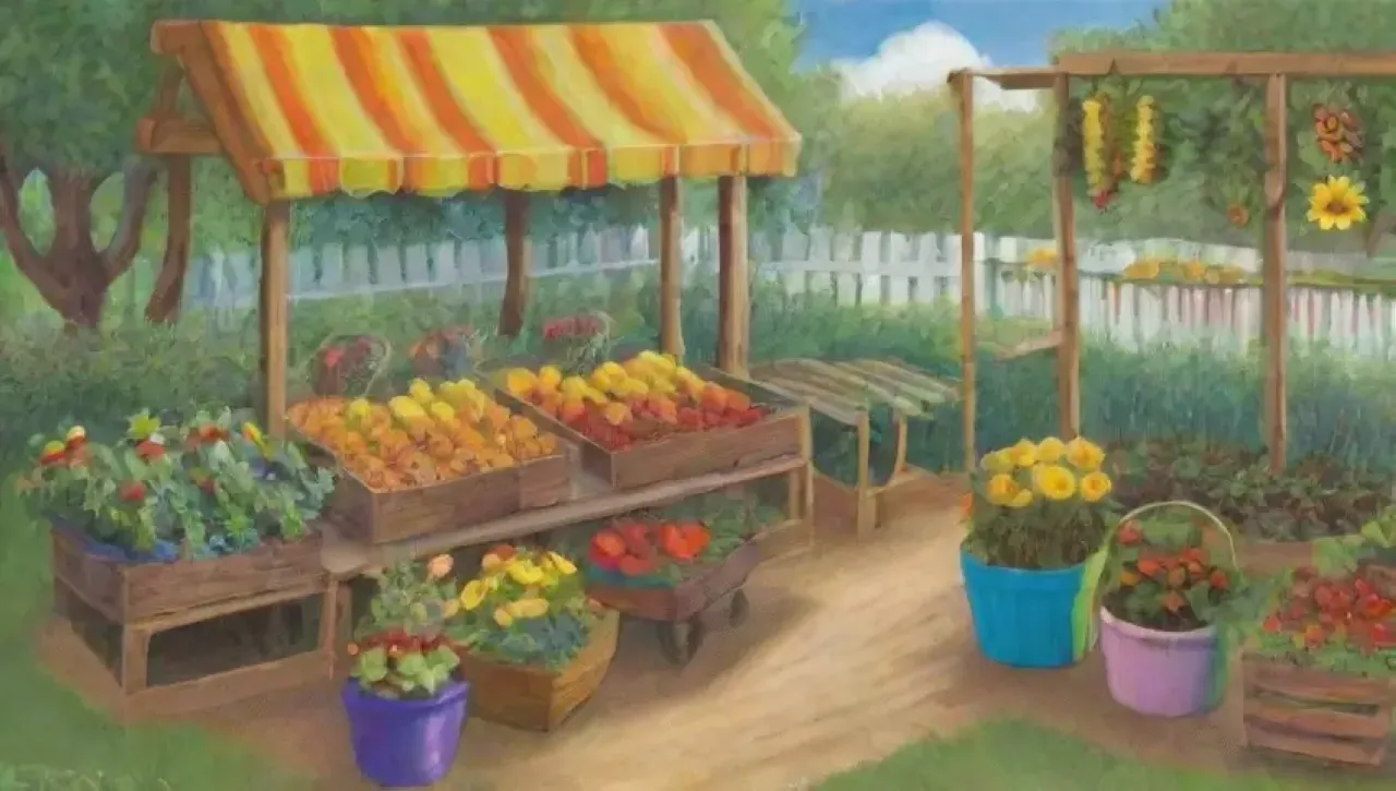 Un vibrante jardín lleno de frutas, flores y risas en un día soleado