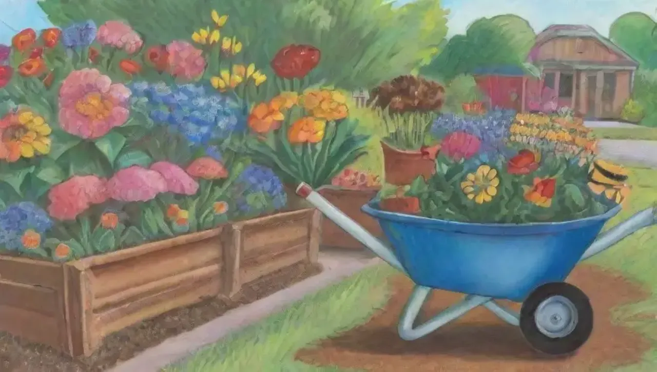 Un jardín vibrante con flores, herramientas coloridas y un micrófono en manos de un jardinero, refleja la armonía de la naturaleza y el trabajo en equipo
