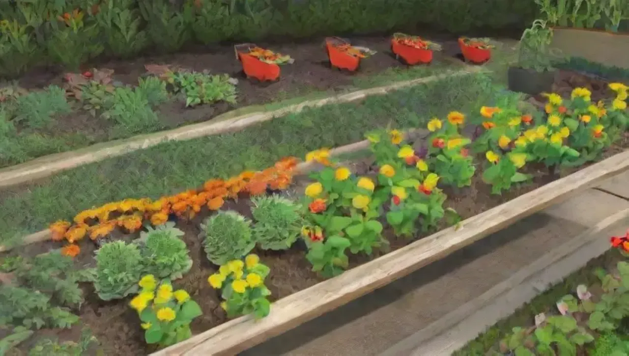 Un jardín vibrante lleno de plantas saludables, insectos, flores y herramientas