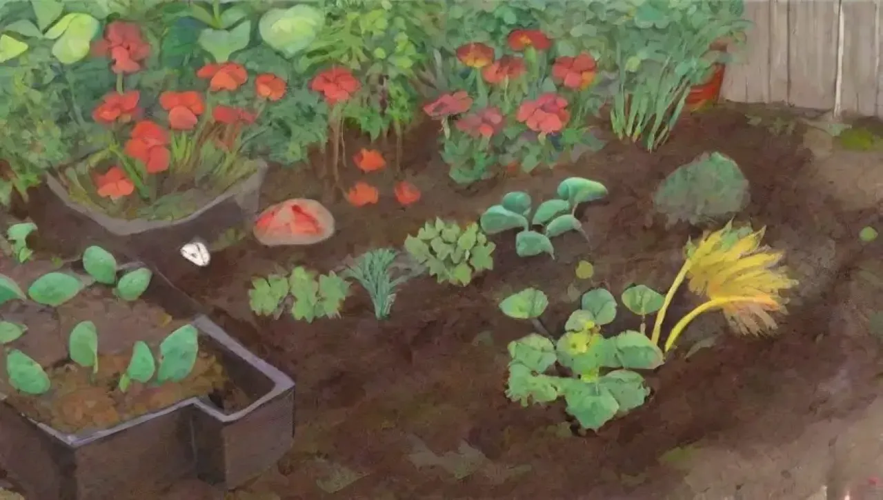 Un jardín vibrante y diverso, lleno de vida y aromas terrenales